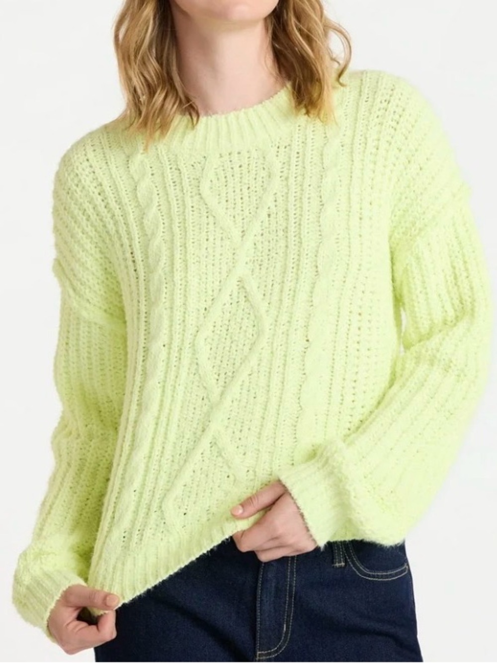 No Boundaries Neon Lime Cable-Knit Crew Sweater
